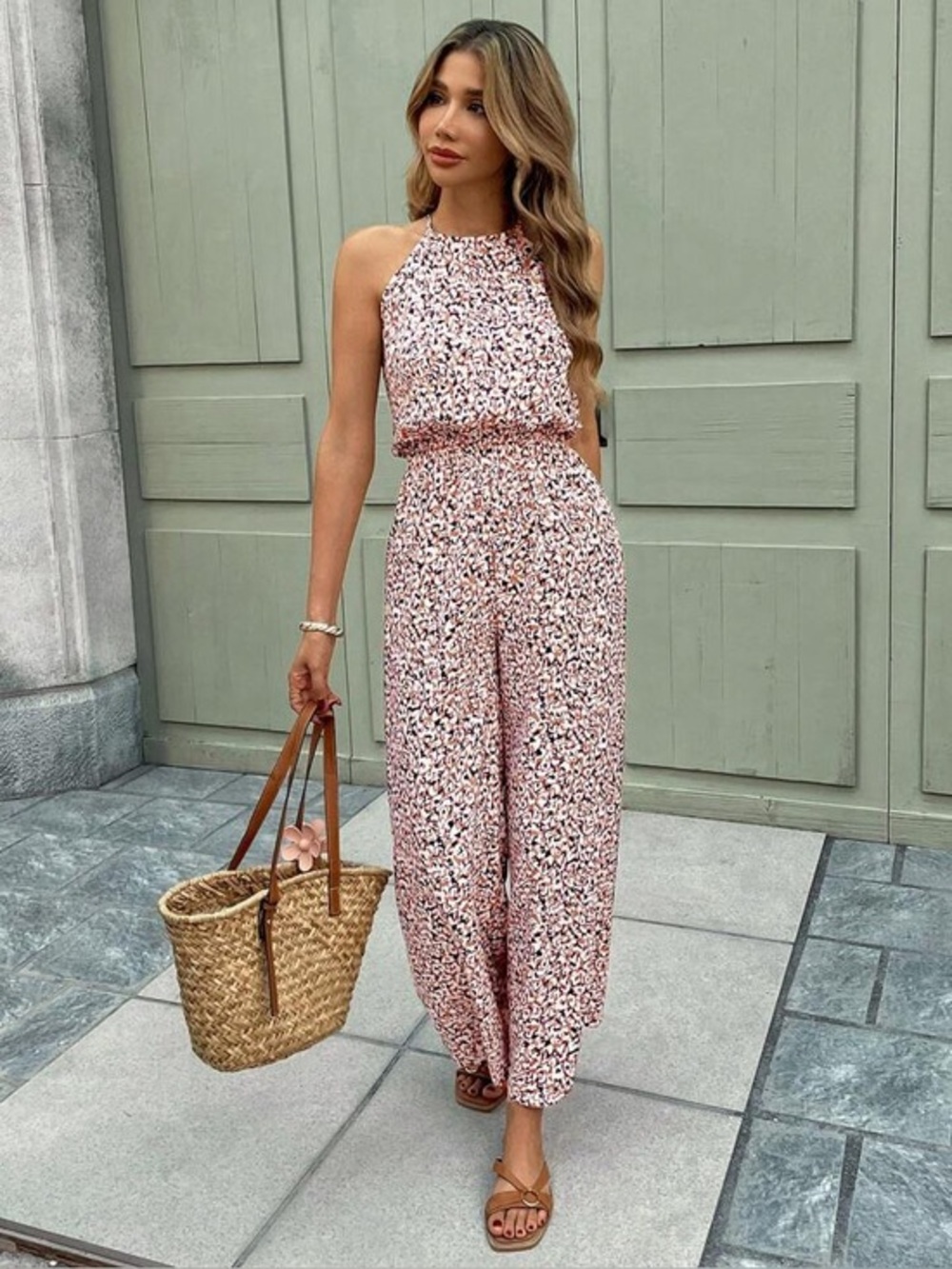 Boho Floral Halter Jumpsuit • Wide Leg • Size S 🌸